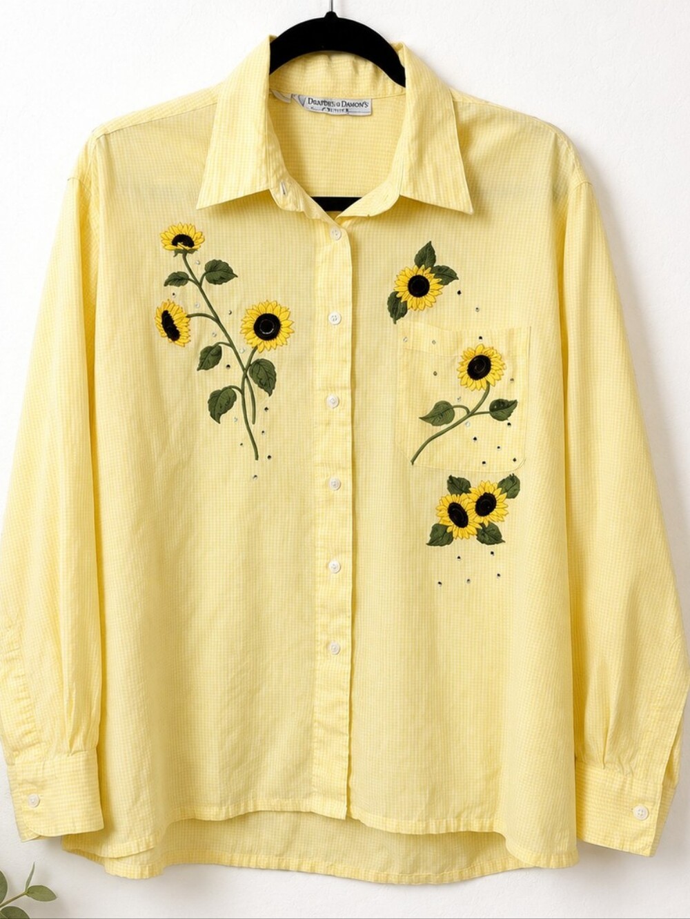 Sunflower Embroidered Gingham Button Up Shirt Cottagecore Grandmacore Petite L
